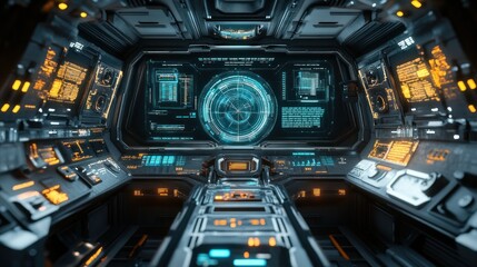 Futuristic Spaceship Cockpit: A 3D Render of a Sci-Fi Spaceship's Control Panel