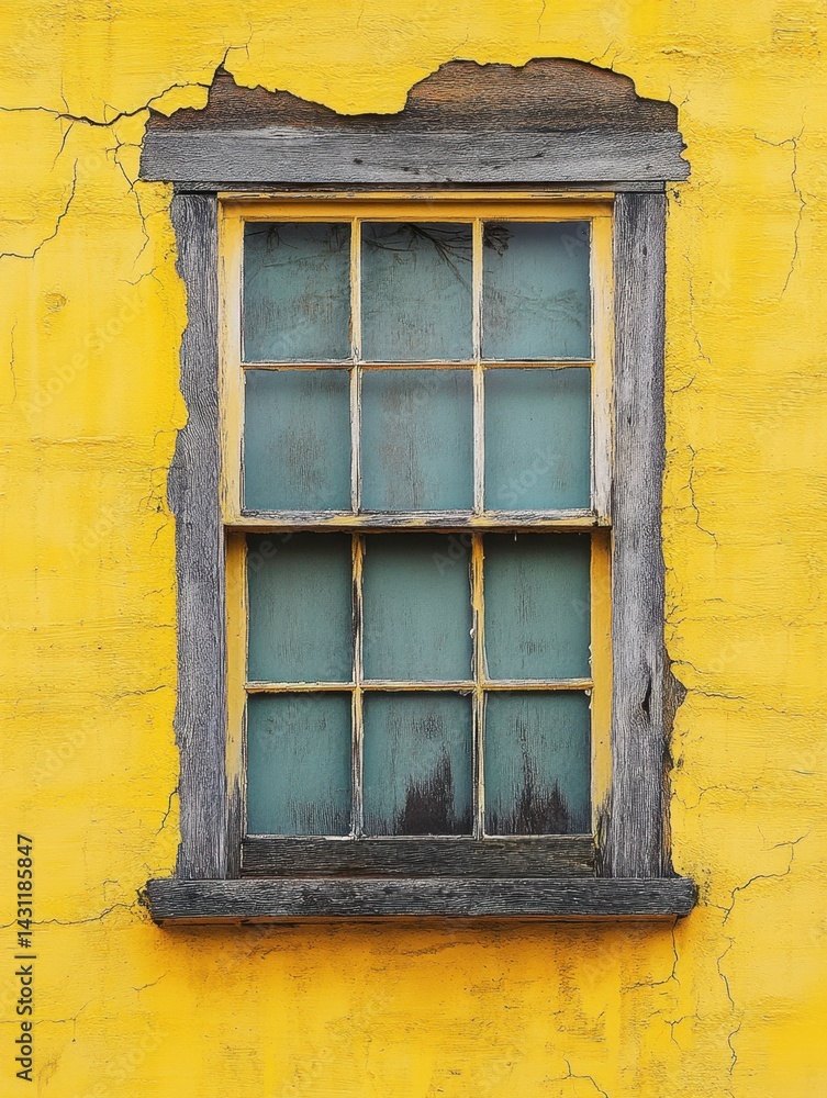 Poster rustic window on vibrant yellow wall with weathered frame creating a vintage and textured architectu