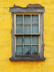 Rustic window on vibrant yellow wall with weathered frame creating a vintage and textured architectural detail