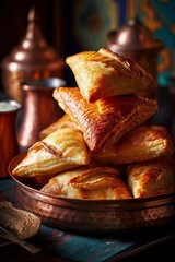 Uzbek pumpkin samsa pastries piled in a copper tray with warm Silk-Road caravanserai ambiance