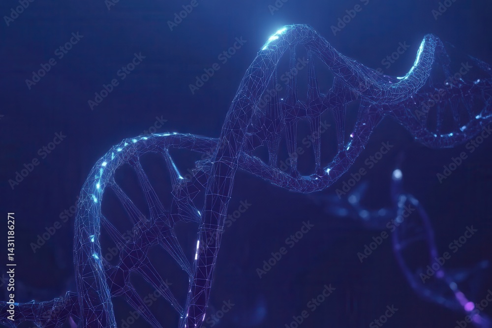 Poster abstract digital dna helix structure in a blue gradient background science and technology concept