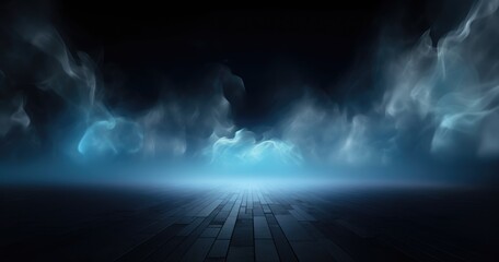 Obraz premium Abstract dark background with glowing blue light, smoke and reflection on the asphalt floor. Dark scene for product display presentation design vector illustration.