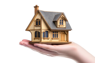A hand holding a wooden model house, symbolizing home ownership and real estate opportunities in a serene setting. on transparent background