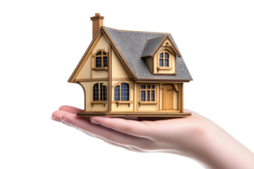 A hand holding a wooden model house, symbolizing home ownership and real estate opportunities in a serene setting. on transparent background