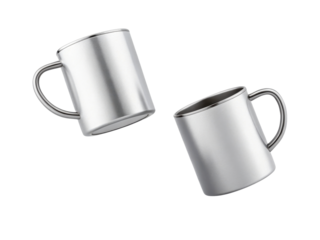 Sleek silver mugs in mockup design showcase modern elegance perfect for any beverage. Ideal for promotional use or personal enjoyment