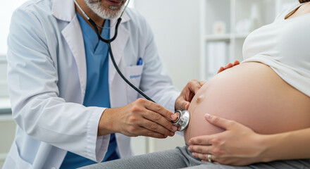 Doctor uses stethoscope for prenatal check on pregnant woman's belly. Prenatal care