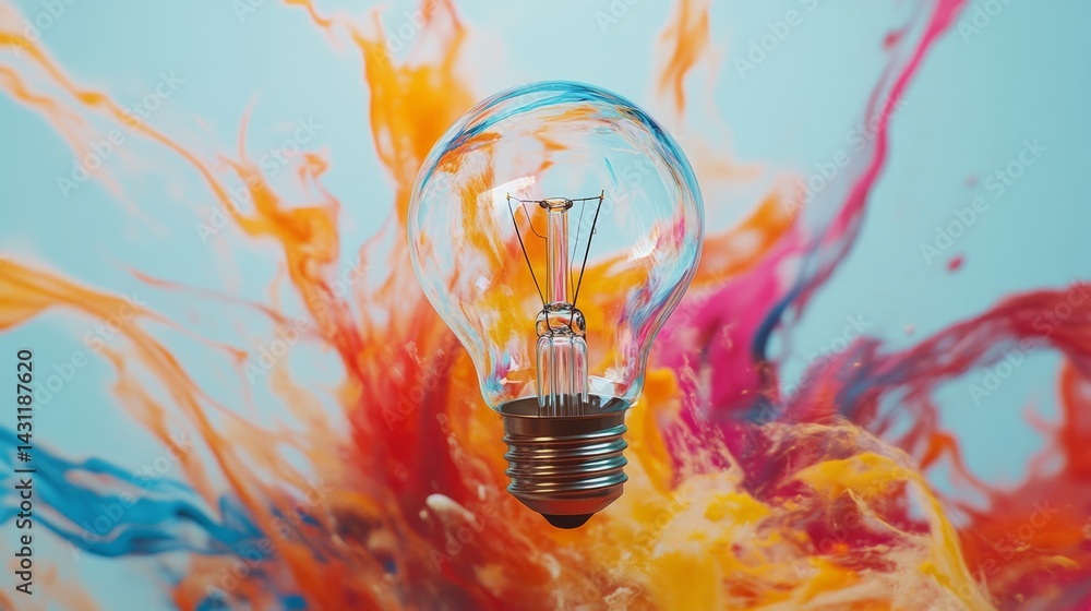 Poster a floating bulb exploding into dynamic ribbons of colorful paint, symbolizing inspired energy