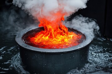 Volcanic eruption simulation with molten lava and steam rising from a black pool