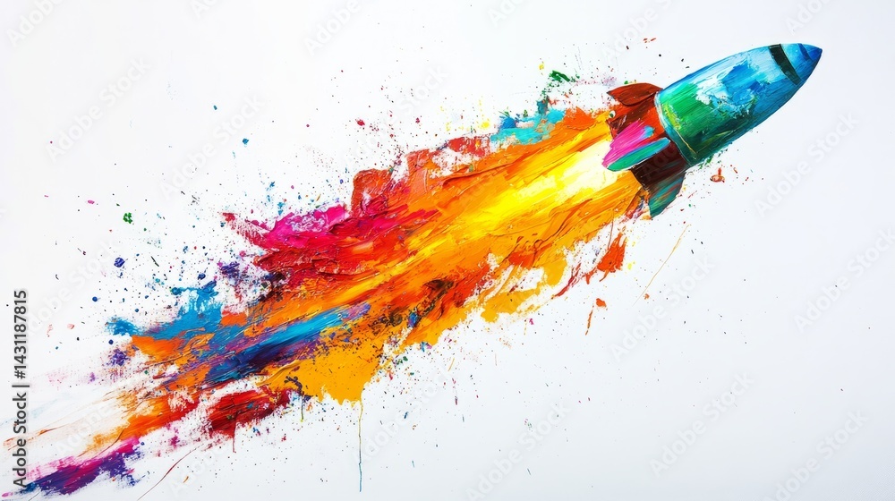 Poster a rocket exploding with rainbow-colored paint splashes and abstract brush strokes on a white canvas
