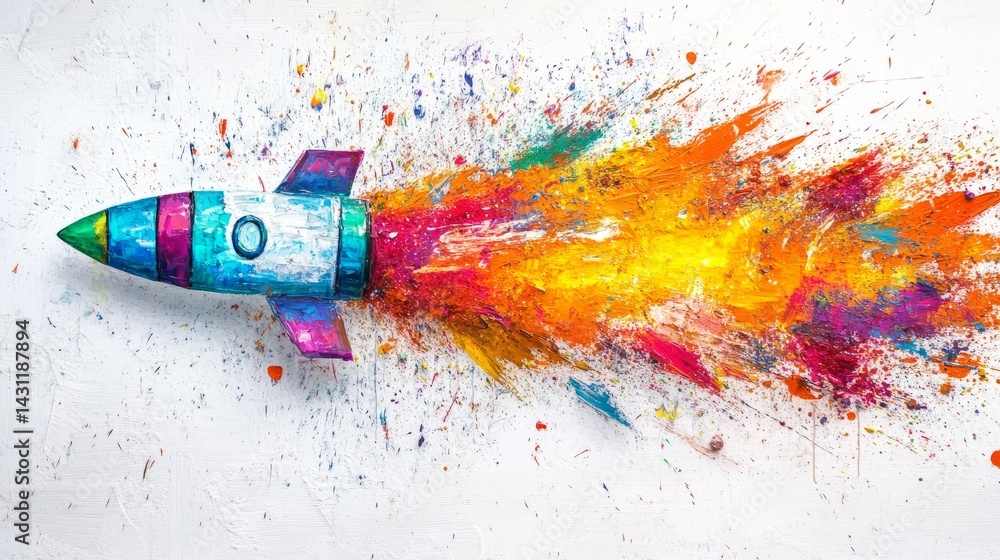 Poster a rocket exploding with rainbow-colored paint splashes and abstract brush strokes on a white canvas