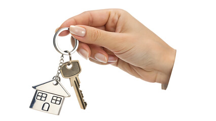 hand holding house keys with keychain isolated white background.AI GENERATED