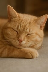 Serene Ginger Cat Resting its Head on Paws, Peaceful & Cozy Feline Moment with Soft Blurred Background