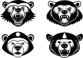 Cute Polar Bear Head Icons in Christmas Hats, Vector Silhouette Set, Happy Cartoon Polar Bear Faces with Holiday Hats, angry Silhouette Vector, Christmas Polar Bear Head Clipart Set, Cute Winter icon.