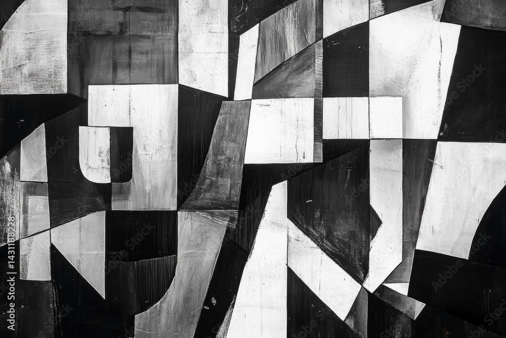 Poster exploring geometric shapes and contrasts in black and white abstract cubism art generative ai