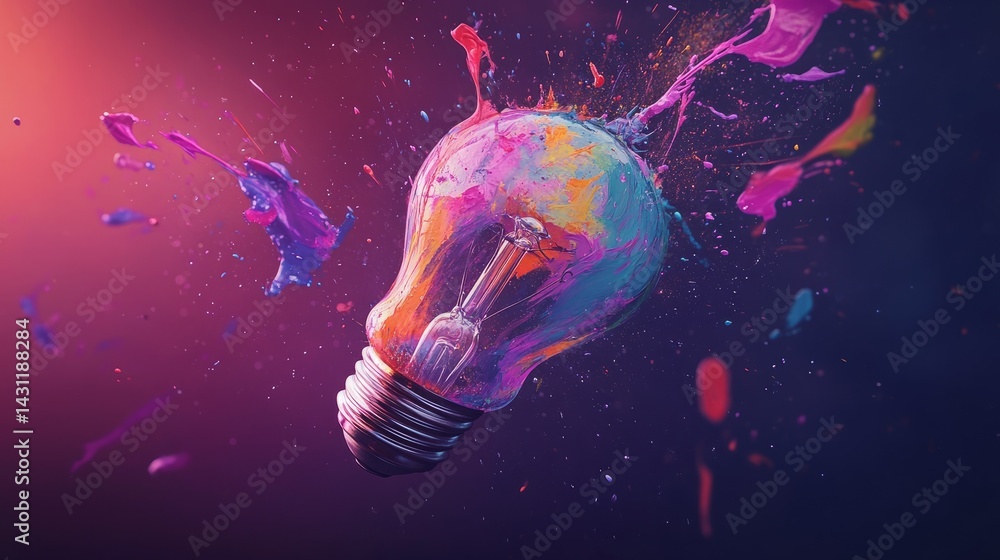 Poster abstract concept of an exploding lightbulb with bursts of colorful liquid paint flying in all direct