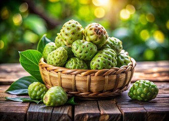 Fototapeta premium Close-up of Fresh Noni Fruit in a Basket on Rustic Wooden Table - Bokeh Background