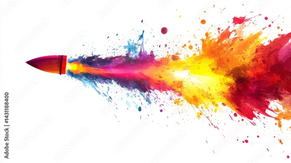 Aufkleber abstract concept with a rocket exploding into multicolor inks, splatters frozen in midair over white