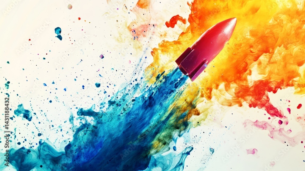 Poster abstract concept with a rocket exploding into multicolor inks, splatters frozen in midair over white