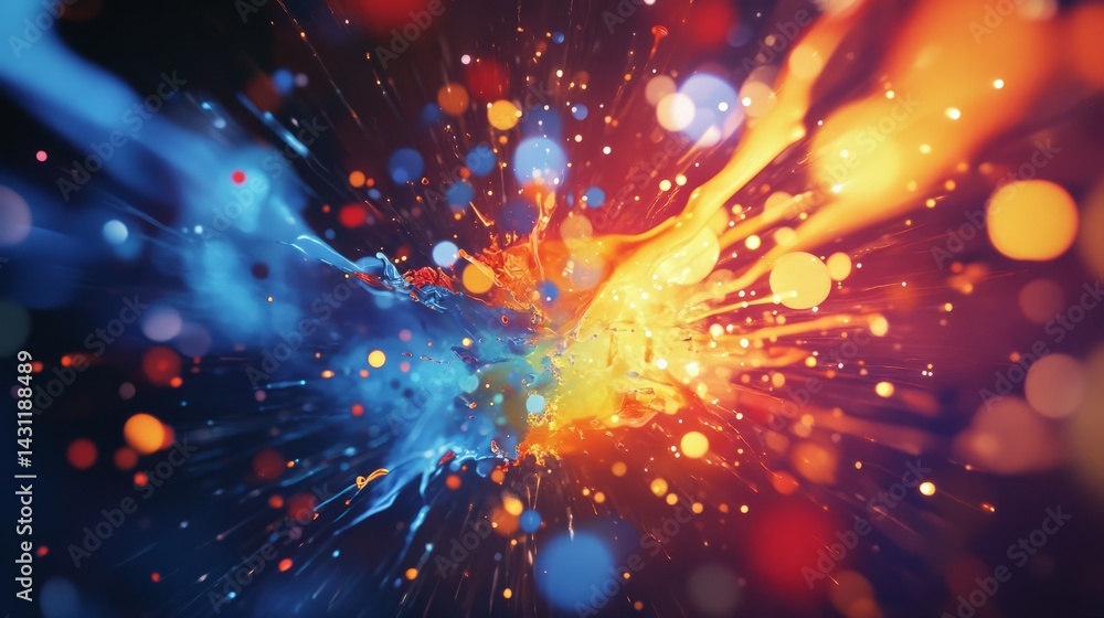 Poster an explosion of light and color from a bulb, with splashes forming abstract shapes in midair