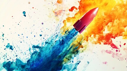 Abstract concept with a rocket exploding into multicolor inks, splatters frozen in midair over white