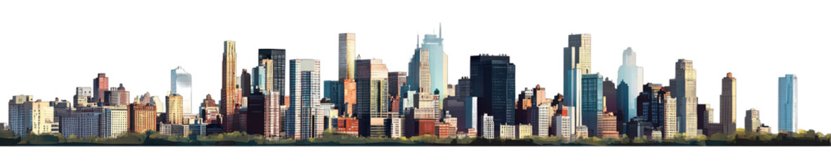 Fototapeta premium Vibrant City Skyline with Modern Architecture and Lush Greenery During Daylight on transparent background