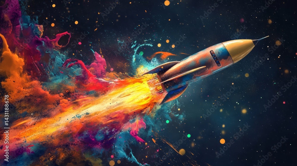 Aufkleber artistic scene of a rocket tearing open and releasing bold paint splashes like an abstract firework