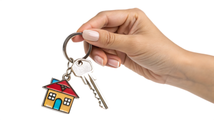 hand holding house keys with keychain isolated white background.AI GENERATED