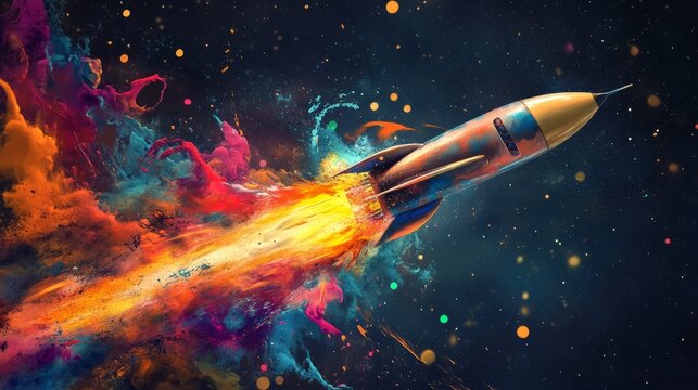 Artistic scene of a rocket tearing open and releasing bold paint splashes like an abstract firework
