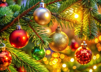 Obraz premium Close-up of Sparkling Christmas Tree Branch with Glass Ornaments