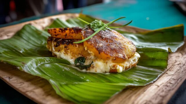 Grilled goat-cheese-stuffed plantain Mofongo de Queso de Cabra served on banana leaf at coastal night market in Puerto Plata