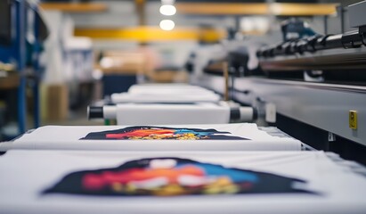 Close-up of t-shirts with colorful vector graphics printed on them, lying flat in front of a large industrial t-shirt printing machine