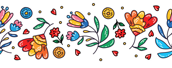 Interesting floral seamless border. Colored leaves and flowers.