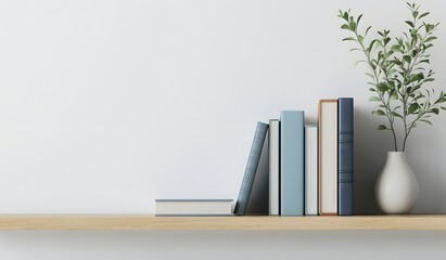 Minimalistic background with books on a wooden shelf, against a white wall. Mockup for design and branding.
