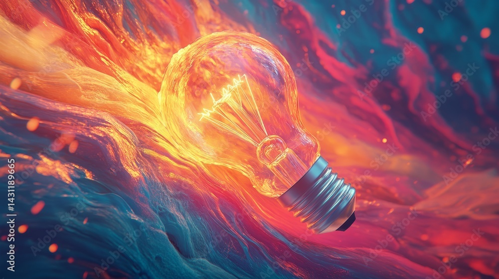 Poster electric idea metaphor with lightbulb cracking into vivid, animated waves of color and paint