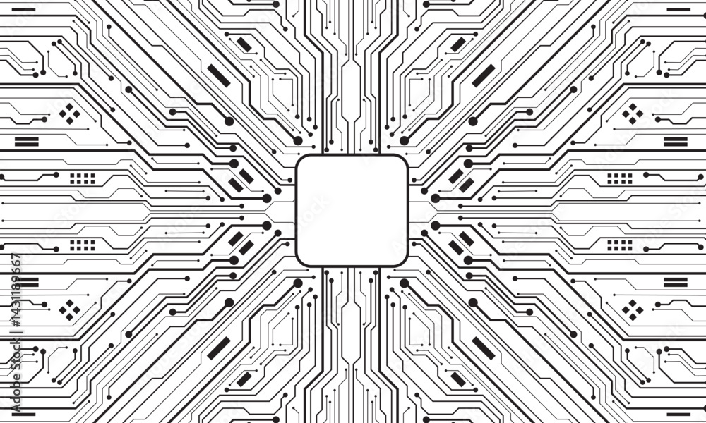 Poster Abstract black circuit board technology connected lines electronics elements computer motherboard chip processor semiconductor digital on white background vector