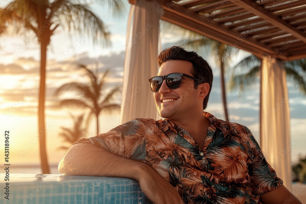 Poster smiling man enjoying sunset by the poolside in tropical setting with palm trees