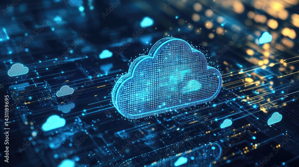 Fototapete Digital glowing cloud icons over a futuristic data grid represent scalable cloud infrastructure, digital networking, and smart data solutions in a virtual environment
