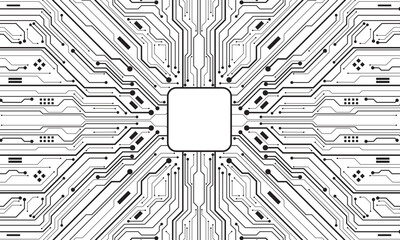 Abstract black circuit board technology connected lines electronics elements computer motherboard chip processor semiconductor digital on white background vector