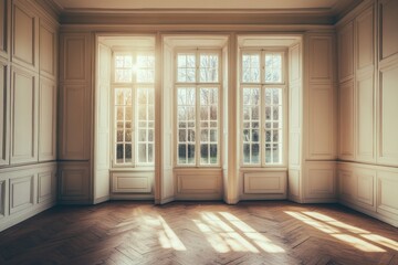Elegant interior space with herringbone wood floor and three large windows casting sunlight on walls