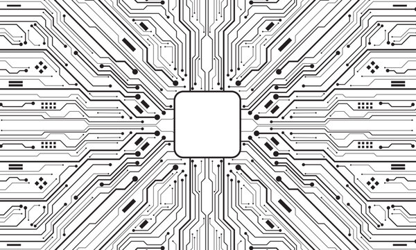 Abstract black circuit board technology connected lines electronics elements computer motherboard chip processor semiconductor digital on white background vector