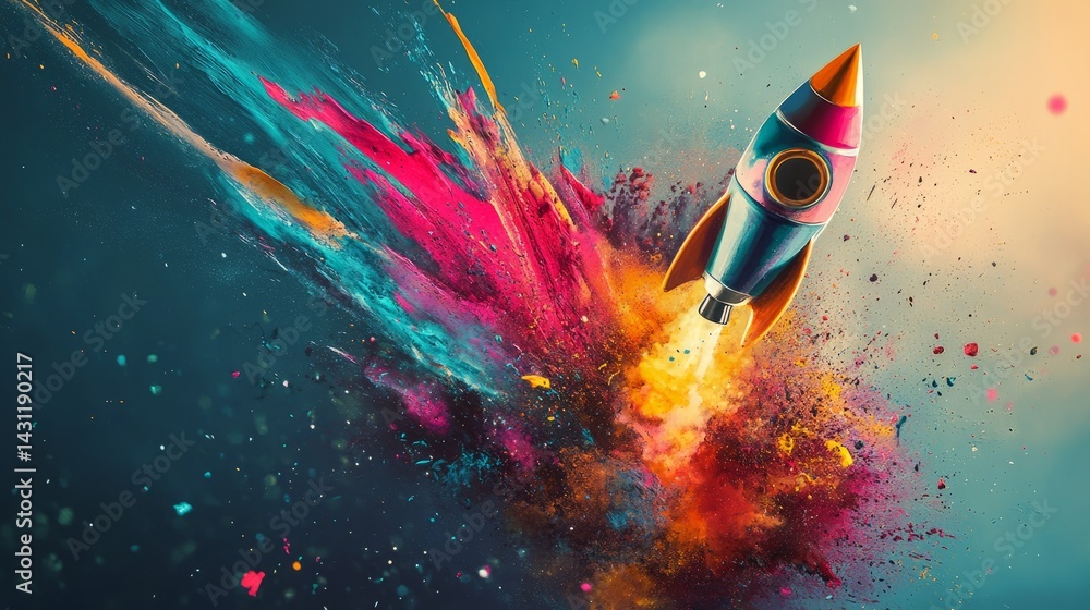 Poster rocket painted in bold colors exploding into matching paint splashes, symbolizing creative momentum