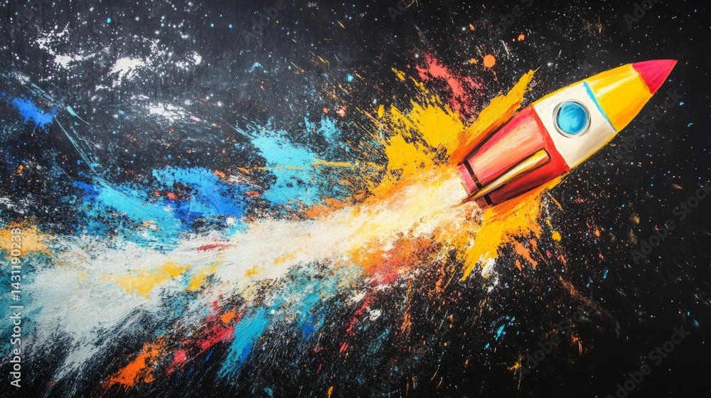 Poster rocket painted in bold colors exploding into matching paint splashes, symbolizing creative momentum
