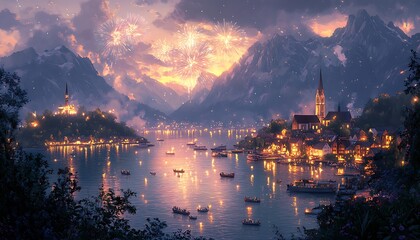 Fototapeta premium Lakeside town celebration with fireworks display over mountains at night