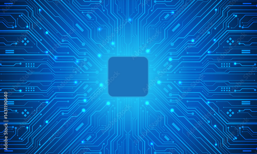 Poster Abstract blue circuit board technology connected lines electronics elements computer motherboard chip processor semiconductor digital background vector