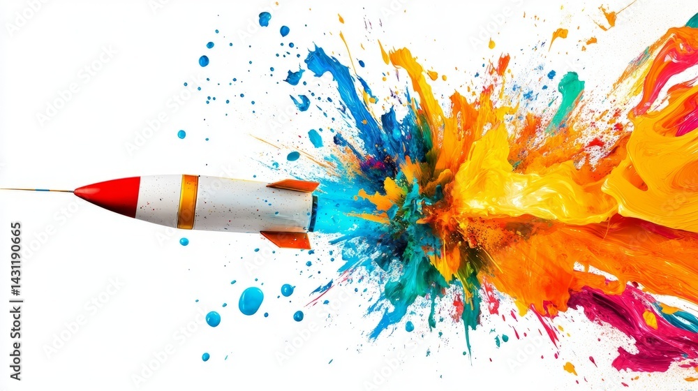 Poster white-background image of a stylized rocket breaking apart into swirling splashes of vivid paint