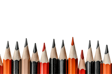 Row of sharpened colored pencils, red and orange hues, varying heights, against a blank white background.