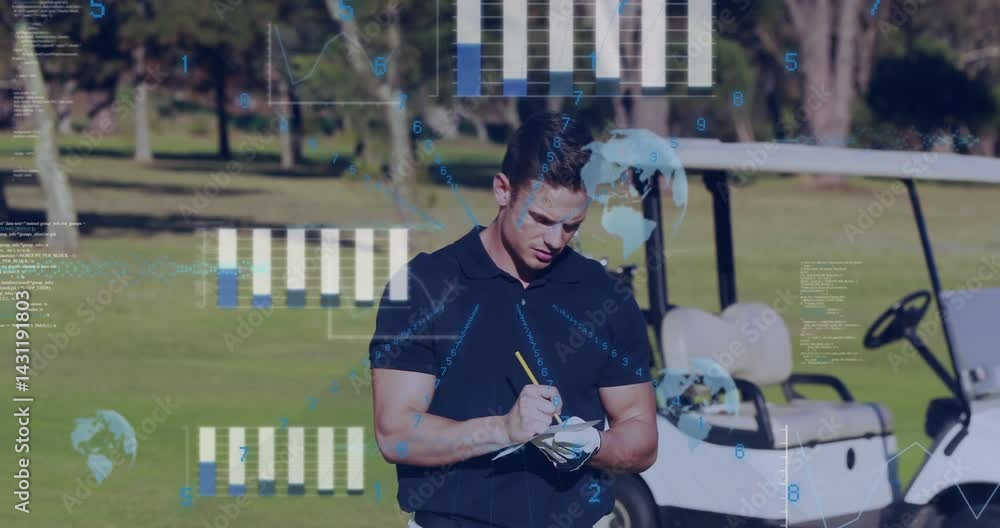 Poster man writing on notepad for sports analytics on golf fairway, with floating charts and data overlay