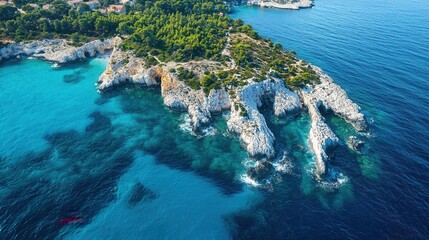 aerial drone view of turquoise sea and rocky coastline, waves crashing, bright summer vibe 