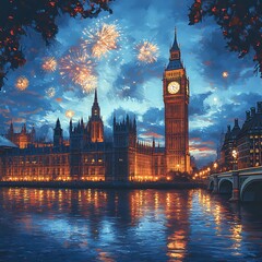 Fototapeta premium London skyline with fireworks celebration big ben and houses of parliament