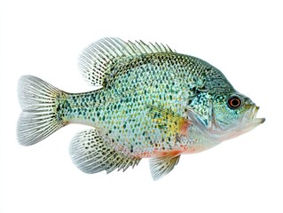 Fototapeta premium Captivating crappie fish portrait showcasing vibrant colors and intricate details against a pristine white backdrop perfect for nature and wildlife photography